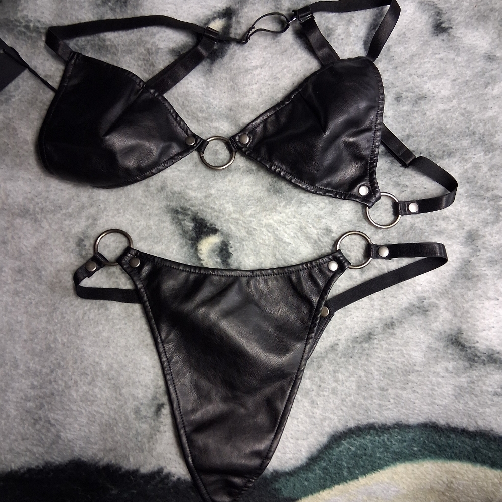 Lip Service Black Leather Bra And Thong Set